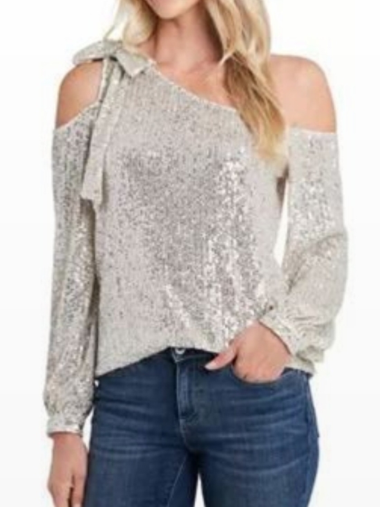 CeCe Tops - Silver Sequin Cold-Shoulder Blouse